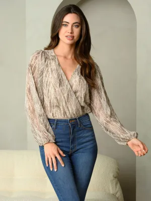 WOMEN'S ANIMAL LUREX CHIFFON PRINT LONG SLEEVE WRAP BODYSUIT