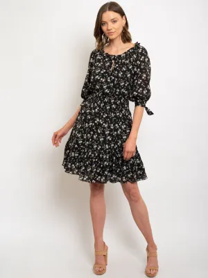 WOMEN'S BLACK DITSY YORU CHIFFON PEASANT DRESS