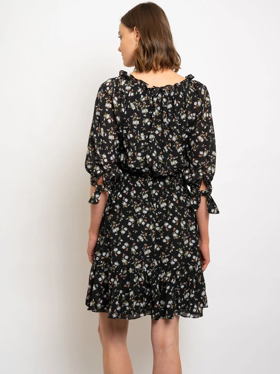 WOMEN'S BLACK DITSY YORU CHIFFON PEASANT DRESS