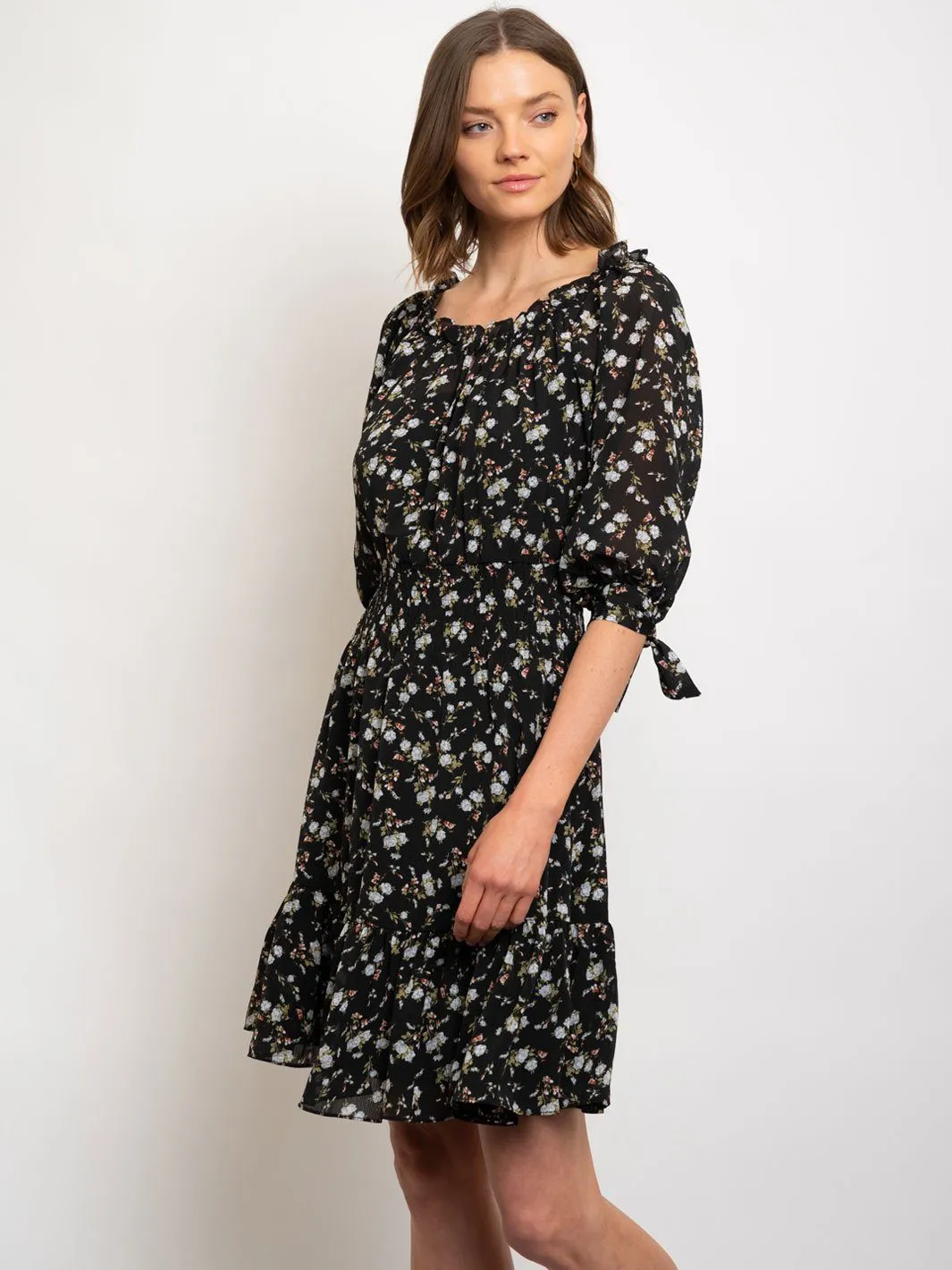 WOMEN'S BLACK DITSY YORU CHIFFON PEASANT DRESS