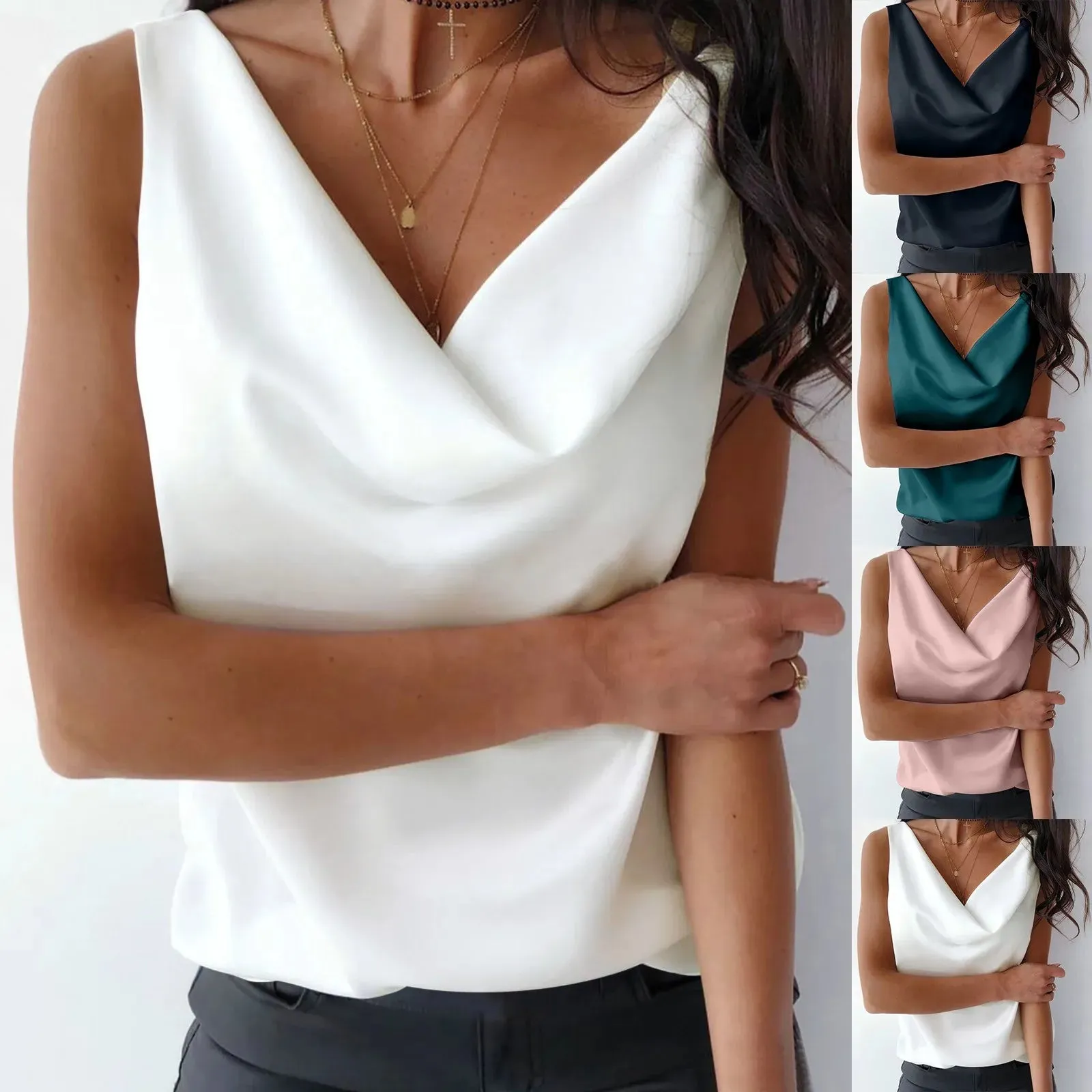 Women's Casual Satin Vest Ladies V Neck Temperament Sleeveless Suspender Camisole Summer Loose Street Stylish Camisole Tops