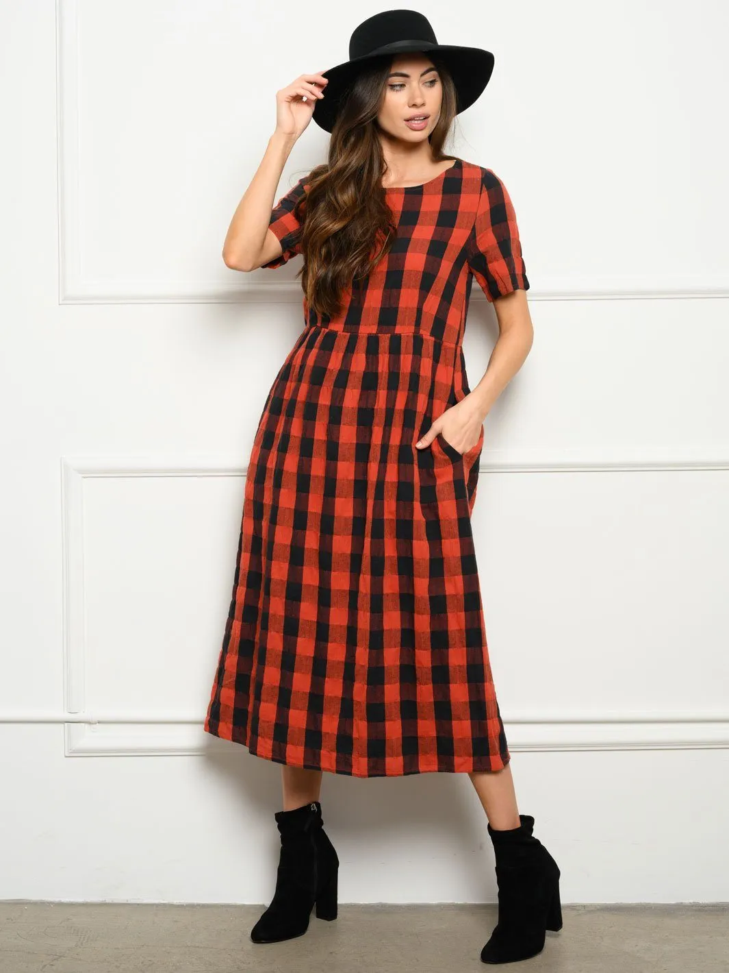 WOMEN'S CHECKER PRINT MIDI DRESS