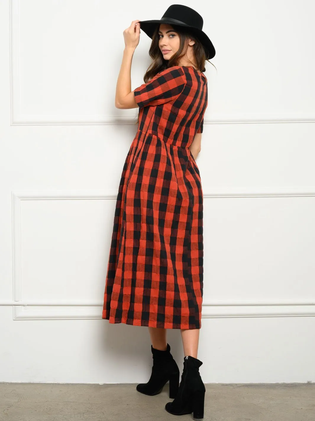 WOMEN'S CHECKER PRINT MIDI DRESS