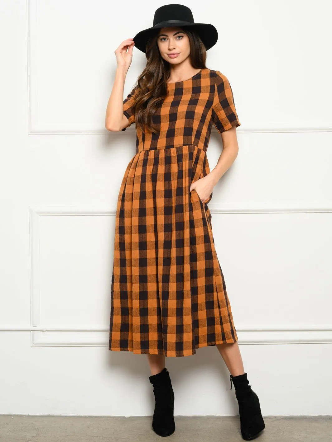 WOMEN'S CHECKER PRINT MIDI DRESS