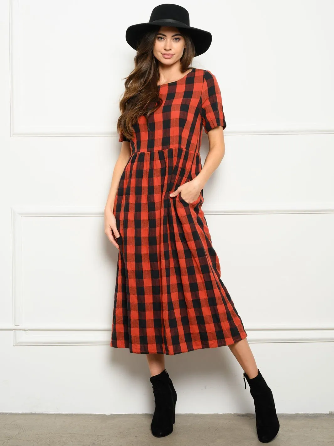 WOMEN'S CHECKER PRINT MIDI DRESS