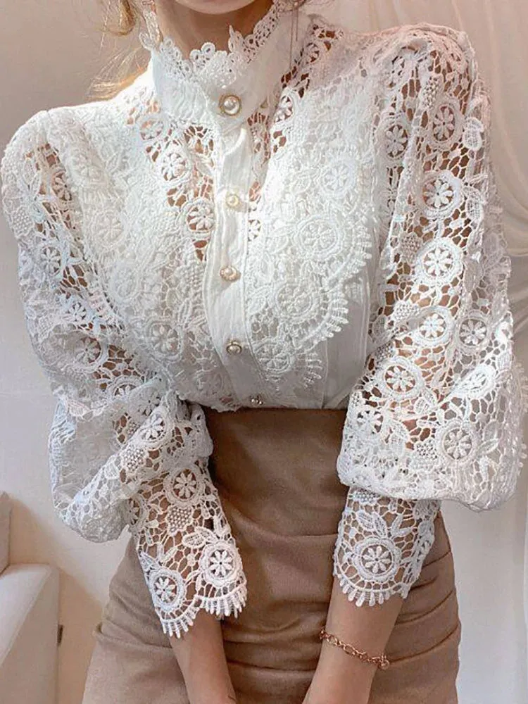 Women's Chiffon Turtleneck Shirt Button Chic Floral Lace Fluffy Long Sleeve Shirt Elegant Boutique Fashion Hollow Out Oversize White Blouse