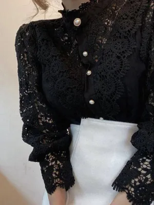 Women's Chiffon Turtleneck Shirt Button Chic Floral Lace Fluffy Long Sleeve Shirt Elegant Boutique Fashion Hollow Out Oversize White Blouse