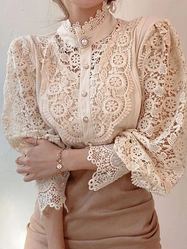 Women's Chiffon Turtleneck Shirt Button Chic Floral Lace Fluffy Long Sleeve Shirt Elegant Boutique Fashion Hollow Out Oversize White Blouse
