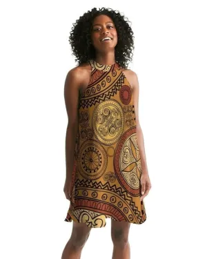 Women's Dress, Sleeveless Brown Paisley A-Line Halter Dress