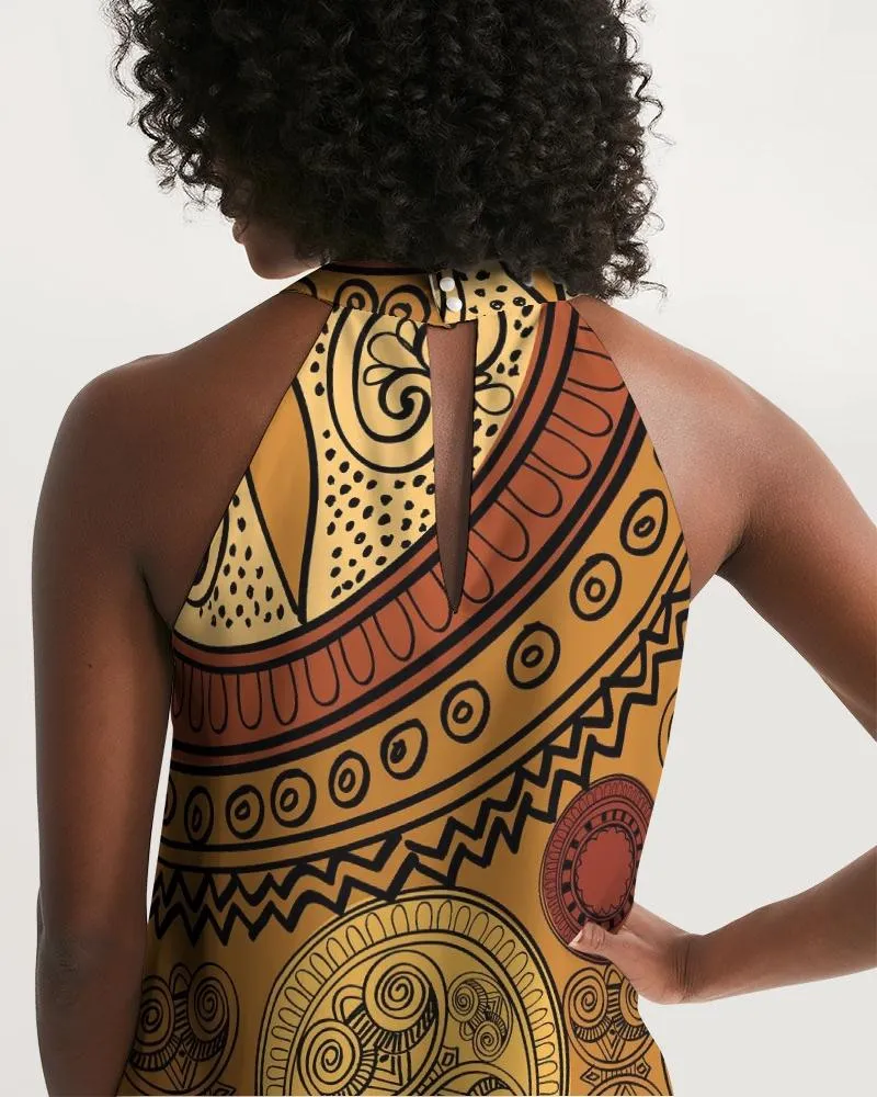 Women's Dress, Sleeveless Brown Paisley A-Line Halter Dress