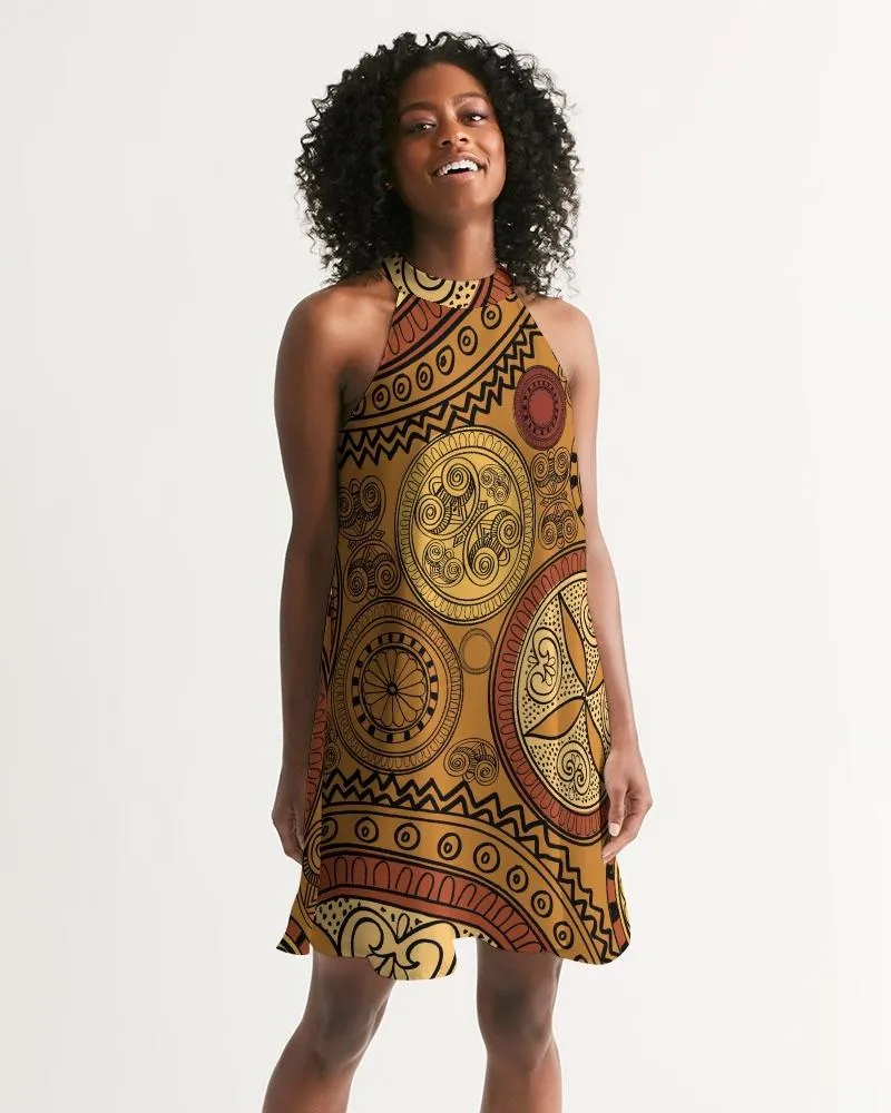 Women's Dress, Sleeveless Brown Paisley A-Line Halter Dress