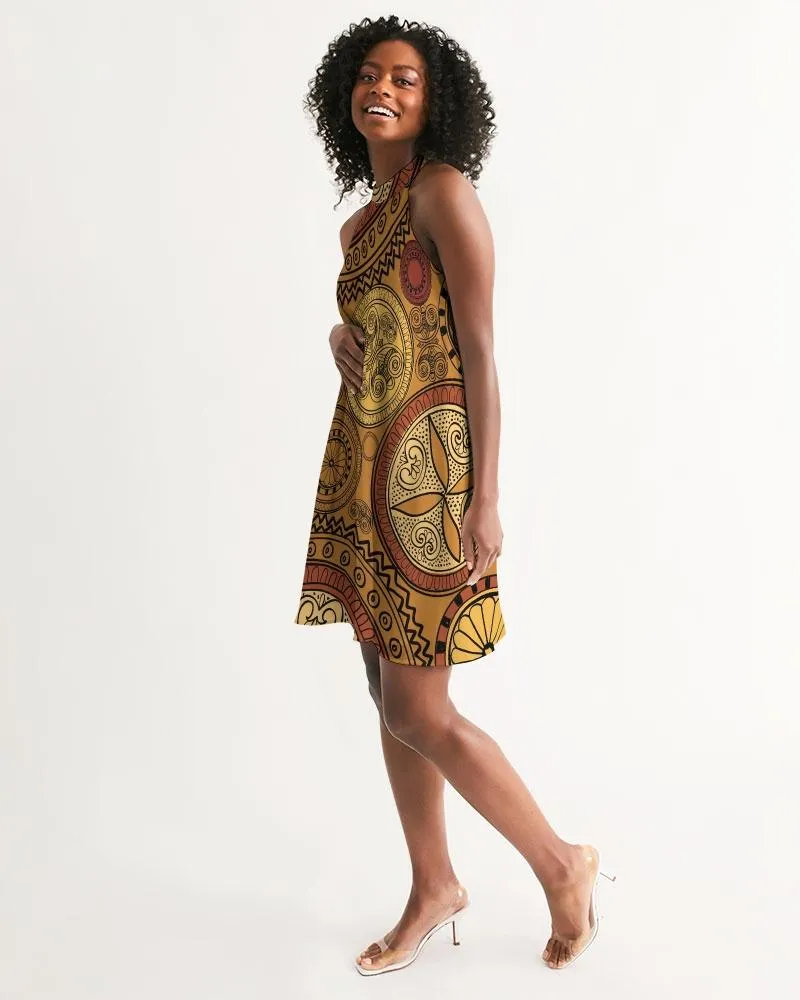 Women's Dress, Sleeveless Brown Paisley A-Line Halter Dress