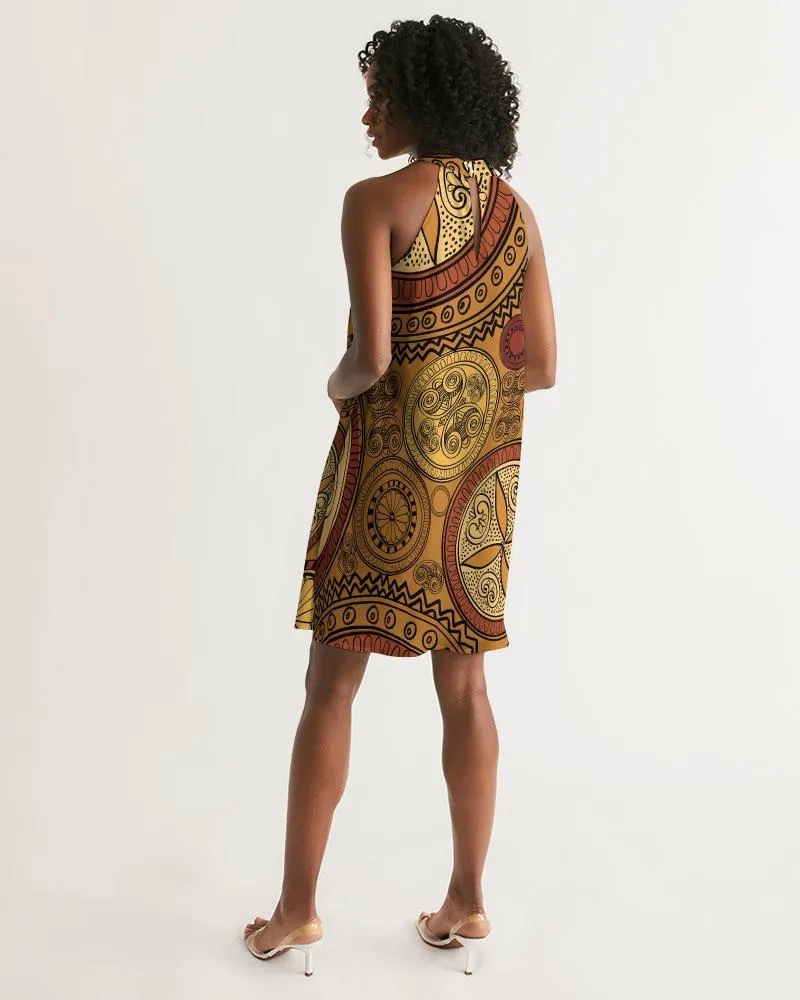 Women's Dress, Sleeveless Brown Paisley A-Line Halter Dress
