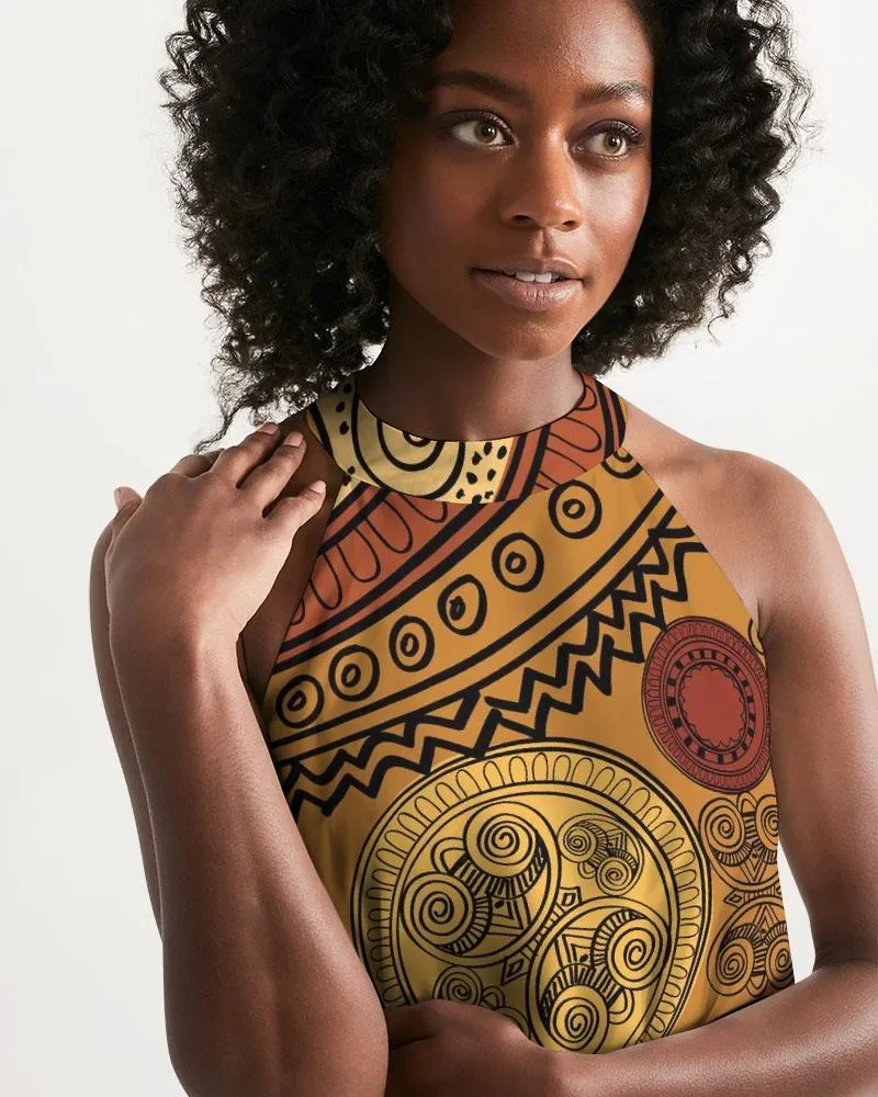 Women's Dress, Sleeveless Brown Paisley A-Line Halter Dress