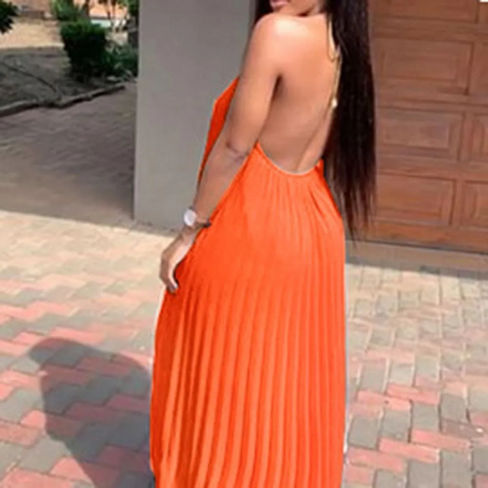 Women's  Halter Sleeveless Long Pleated Maxi Summer Dress Sexy African Femme Vestiods Chiffon Holiday Dress