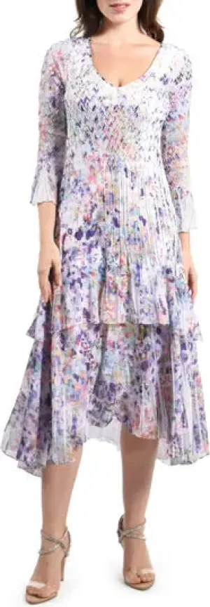 Women's Komarov | Charmeuse and Chiffon Tiered Midi Dress | Confetti