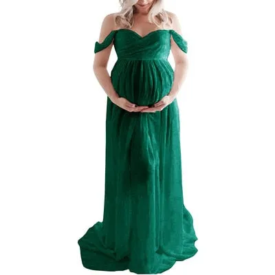Women's Off Shoulder Chiffon Maternity Portrait Dress