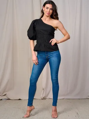 WOMEN'S ONE SHOULDER SMOCK WAIST TOP