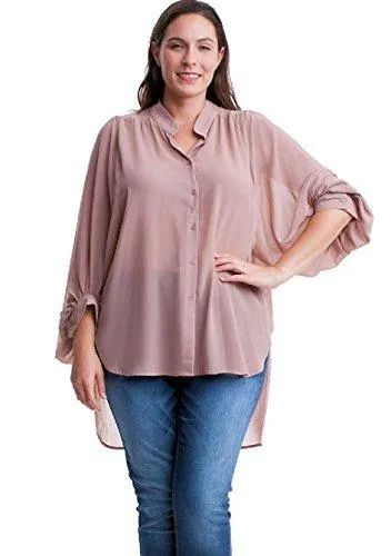 Women's Plus Size Button Front 3/4 Sleeve Chiffon Tunic Top