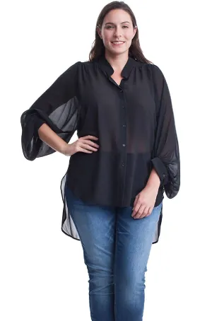 Women's Plus Size Button Front 3/4 Sleeve Chiffon Tunic Top
