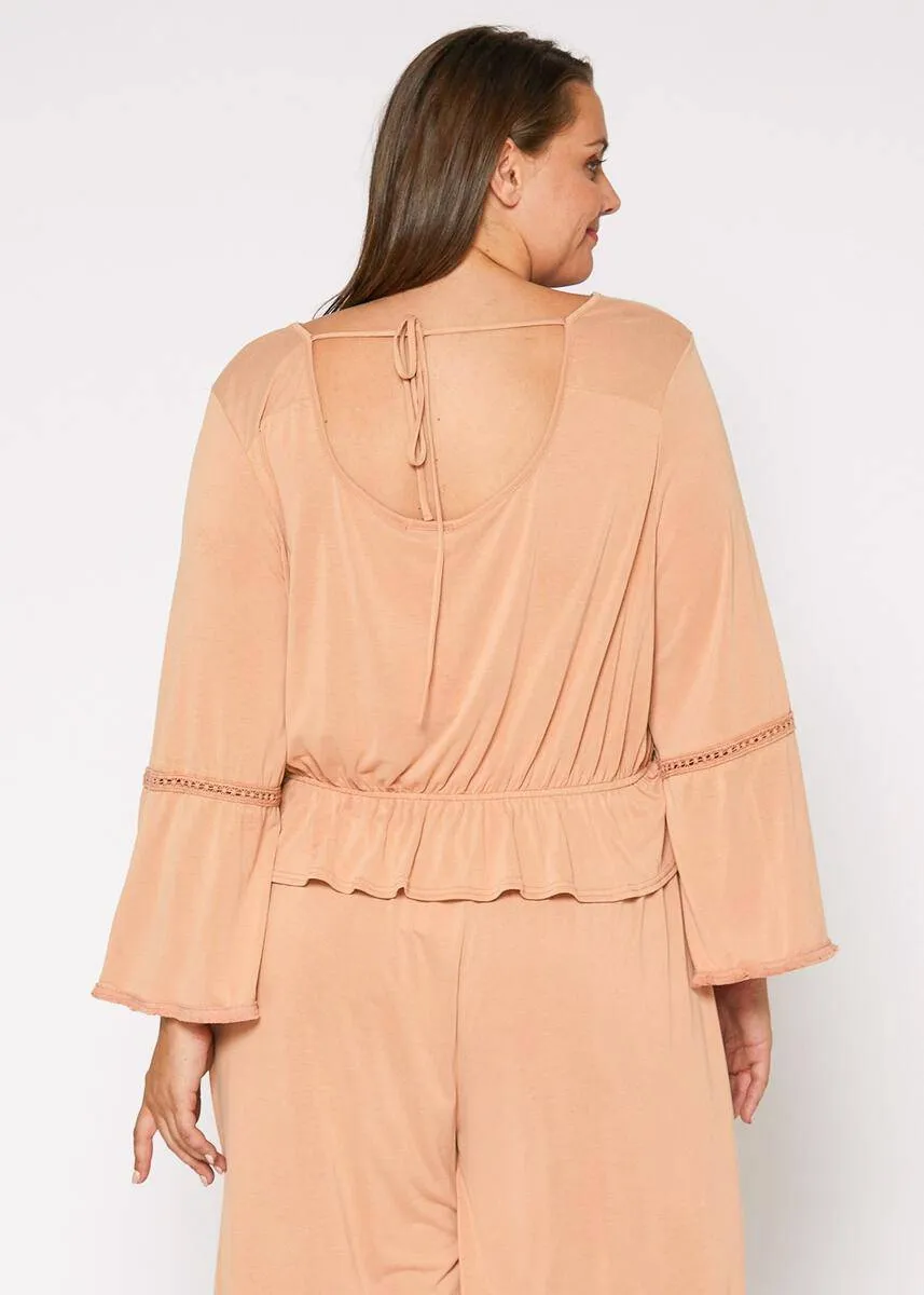 Women's Plus Size Women's Fringe Cuff Bell Sleeve Top in Apricot