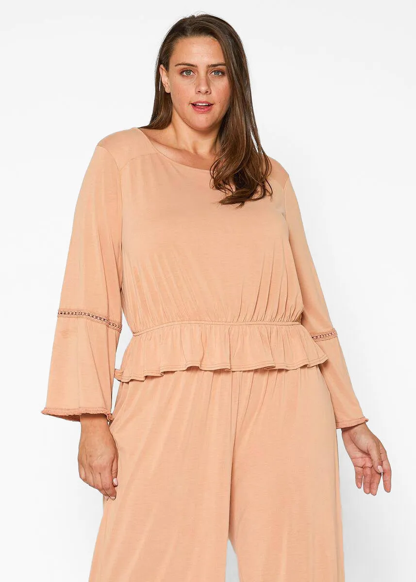 Women's Plus Size Women's Fringe Cuff Bell Sleeve Top in Apricot