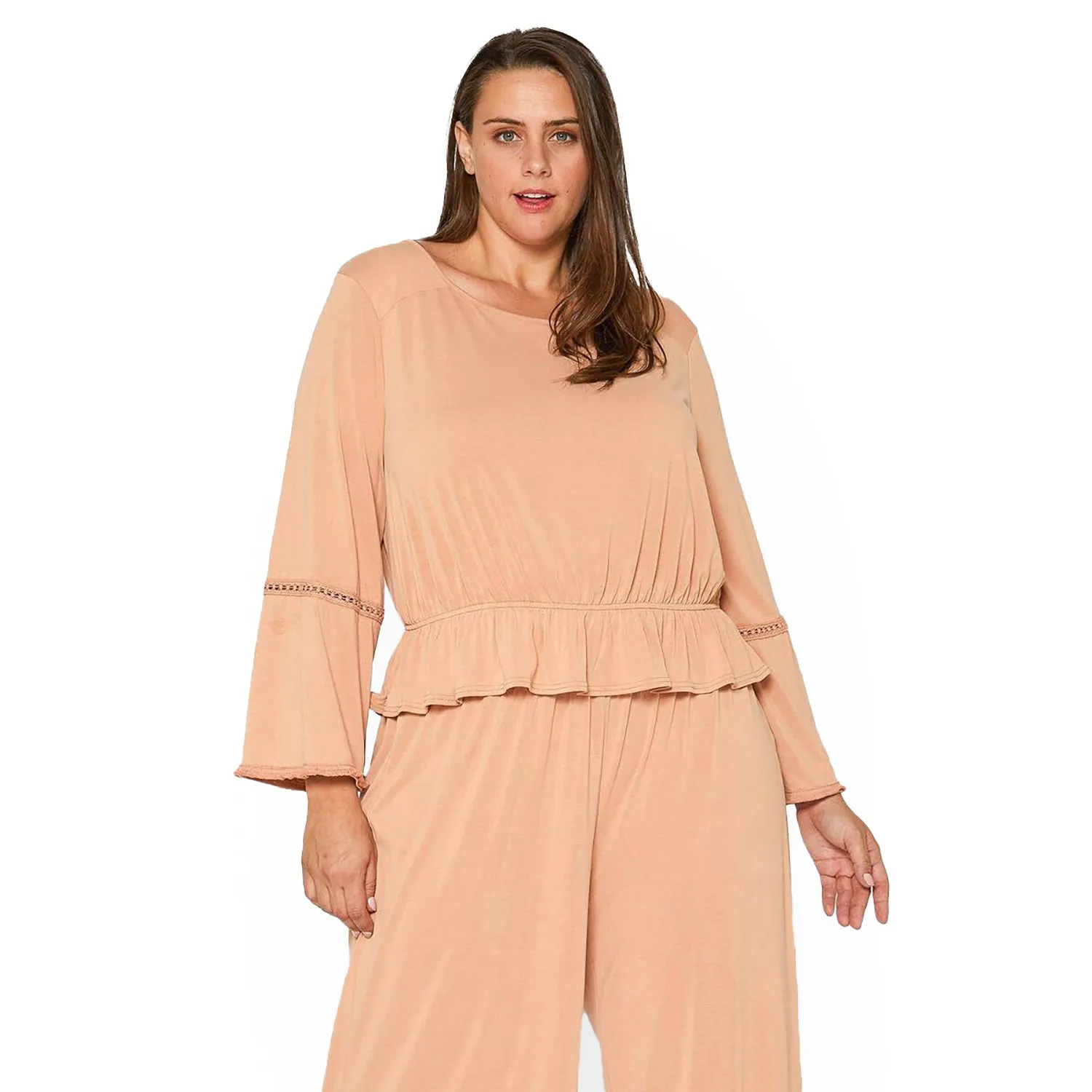 Women's Plus Size Women's Fringe Cuff Bell Sleeve Top in Apricot