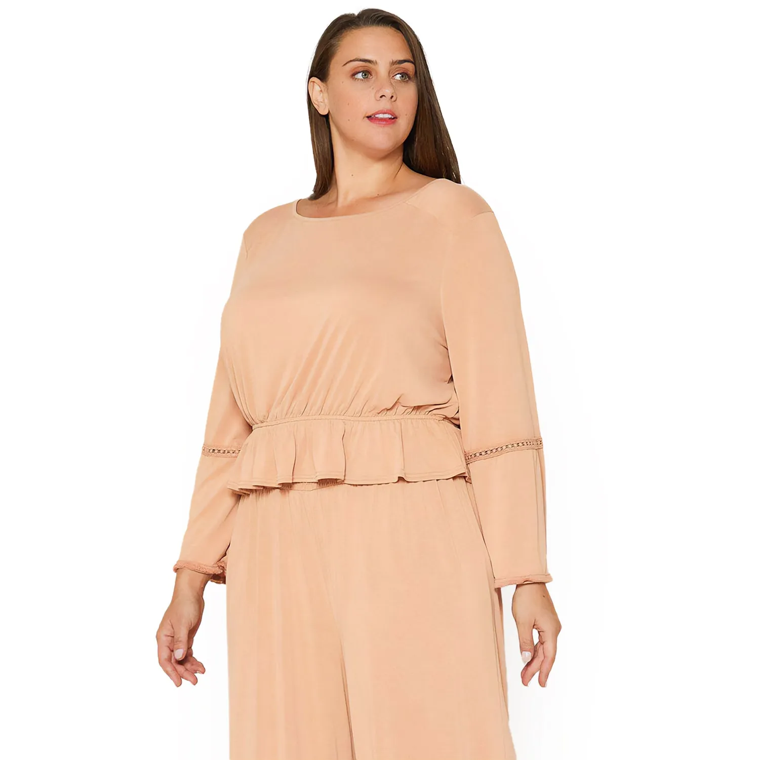 Women's Plus Size Women's Fringe Cuff Bell Sleeve Top in Apricot