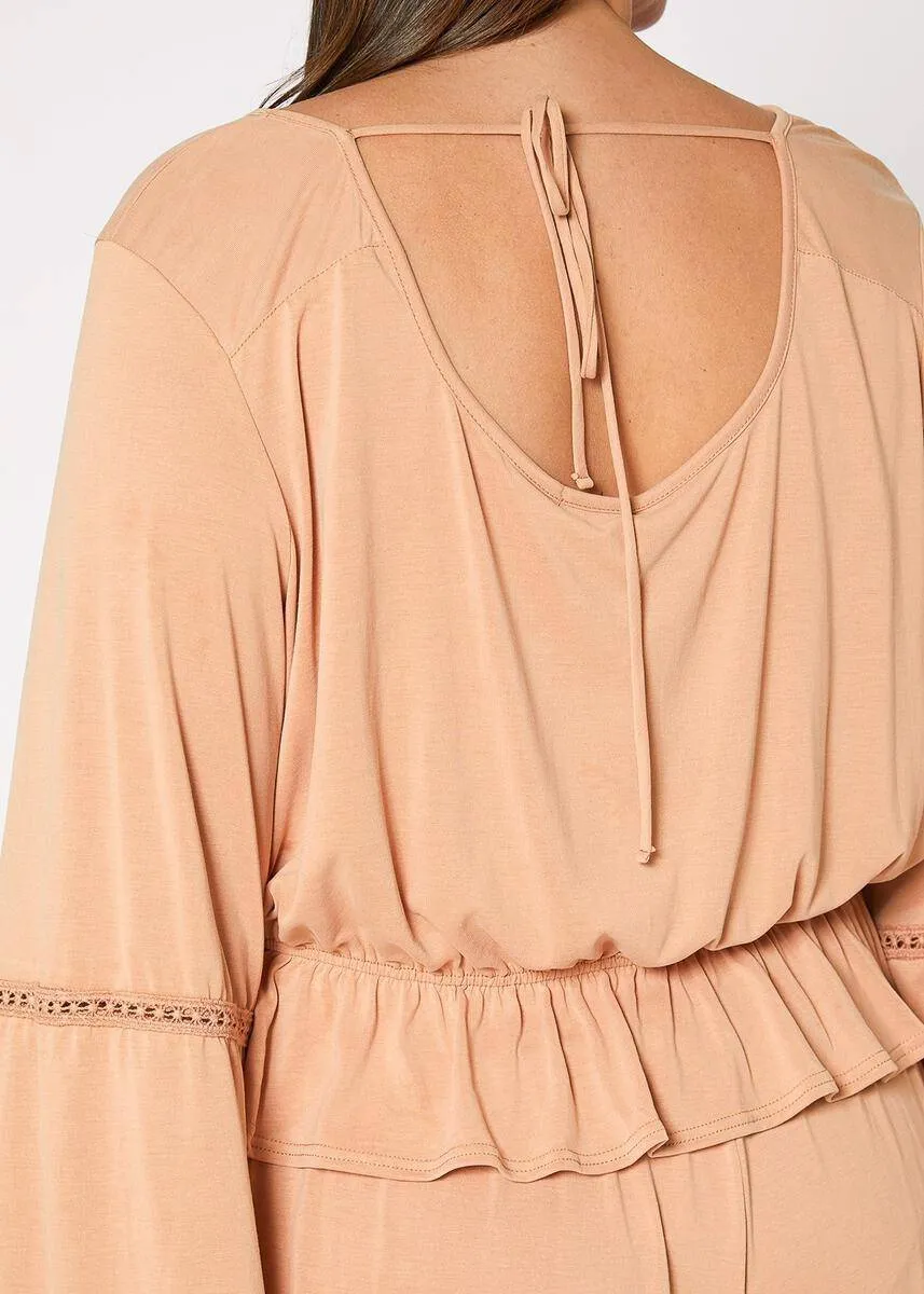 Women's Plus Size Women's Fringe Cuff Bell Sleeve Top in Apricot