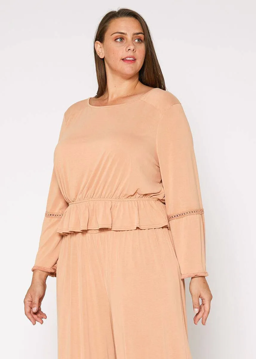 Women's Plus Size Women's Fringe Cuff Bell Sleeve Top in Apricot