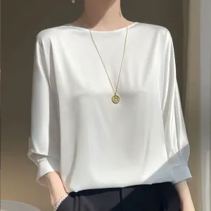 Women's Satin Silk Half-Sleeve T-Shirt - Basic Solid Color O-Neck Casual Top | Thin & Loose Fit Blouse for Ladies