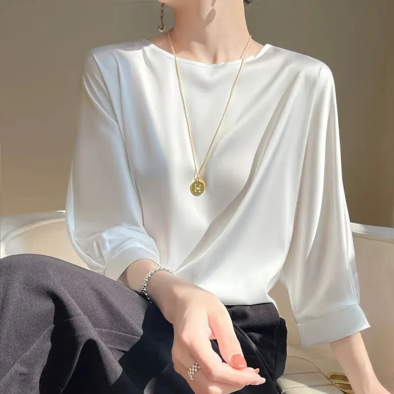 Women's Satin Silk Half-Sleeve T-Shirt - Basic Solid Color O-Neck Casual Top | Thin & Loose Fit Blouse for Ladies