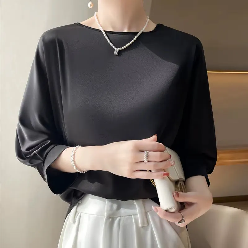 Women's Satin Silk Half-Sleeve T-Shirt - Basic Solid Color O-Neck Casual Top | Thin & Loose Fit Blouse for Ladies