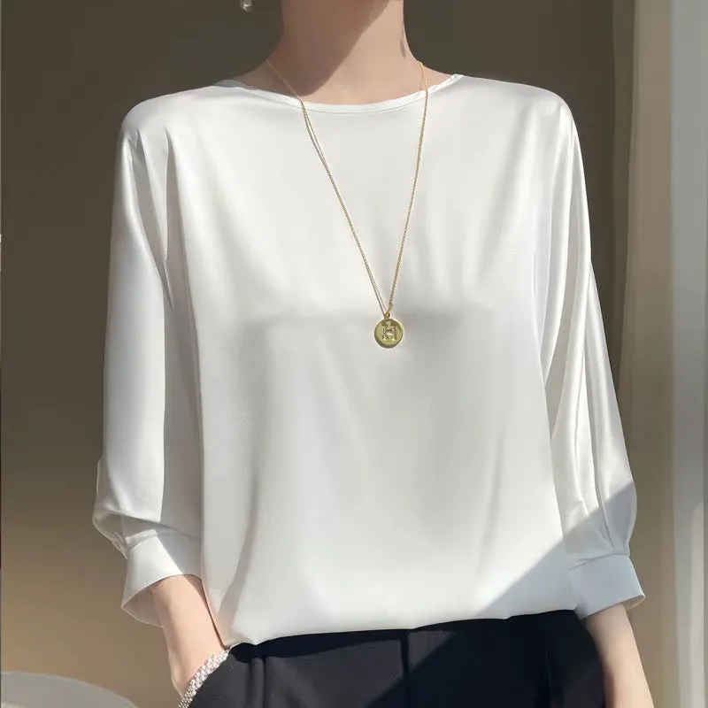 Women's Satin Silk Half-Sleeve T-Shirt - Basic Solid Color O-Neck Casual Top | Thin & Loose Fit Blouse for Ladies
