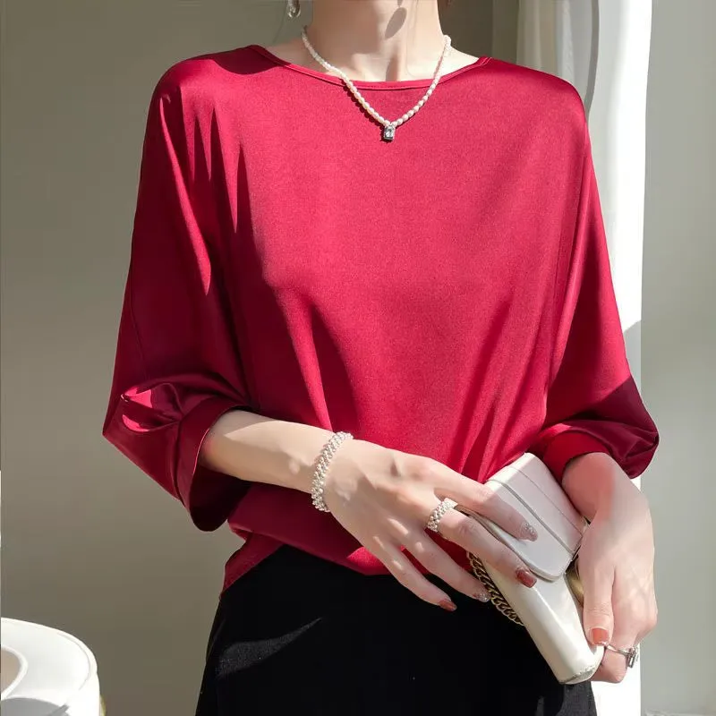 Women's Satin Silk Half-Sleeve T-Shirt - Basic Solid Color O-Neck Casual Top | Thin & Loose Fit Blouse for Ladies