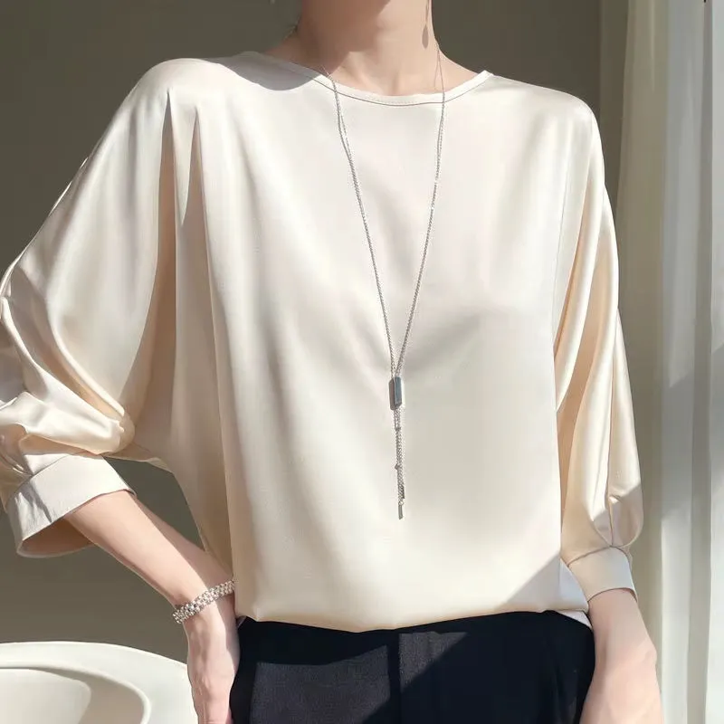 Women's Satin Silk Half-Sleeve T-Shirt - Basic Solid Color O-Neck Casual Top | Thin & Loose Fit Blouse for Ladies