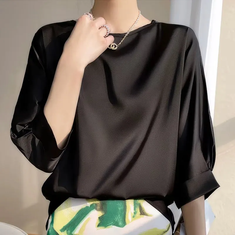 Women's Satin Silk Half-Sleeve T-Shirt - Basic Solid Color O-Neck Casual Top | Thin & Loose Fit Blouse for Ladies