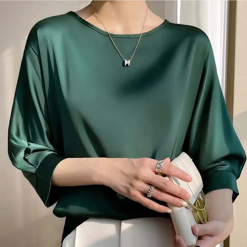 Women's Satin Silk Half-Sleeve T-Shirt - Basic Solid Color O-Neck Casual Top | Thin & Loose Fit Blouse for Ladies