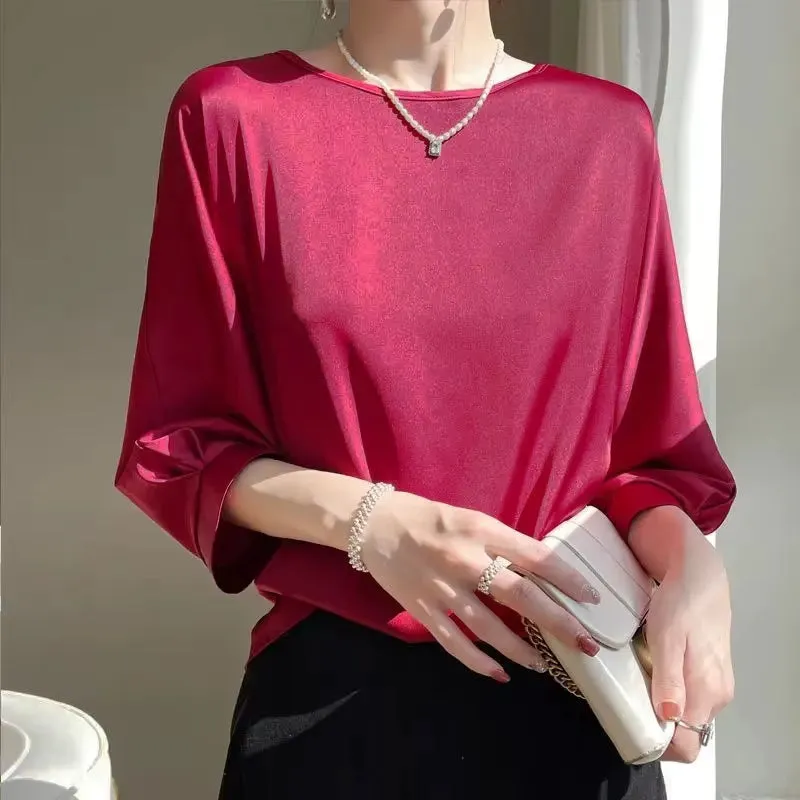 Women's Satin Silk Half-Sleeve T-Shirt - Basic Solid Color O-Neck Casual Top | Thin & Loose Fit Blouse for Ladies