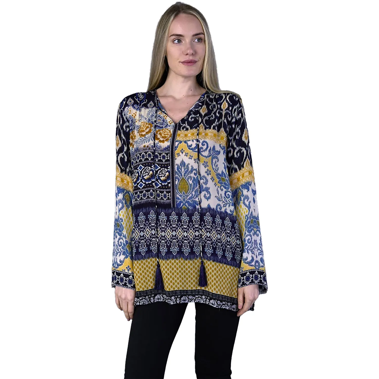 Women's Shana Apparel Silk Viscose L/S Blouse Navy Multi