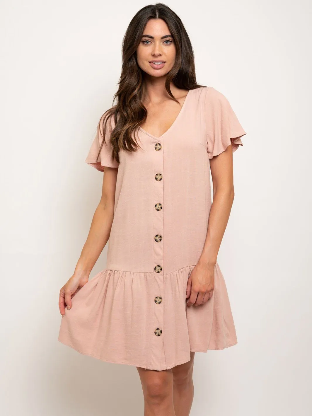 WOMEN'S SHORT SLEEVE BUTTON DOWN RUFFLE MINI DRESS