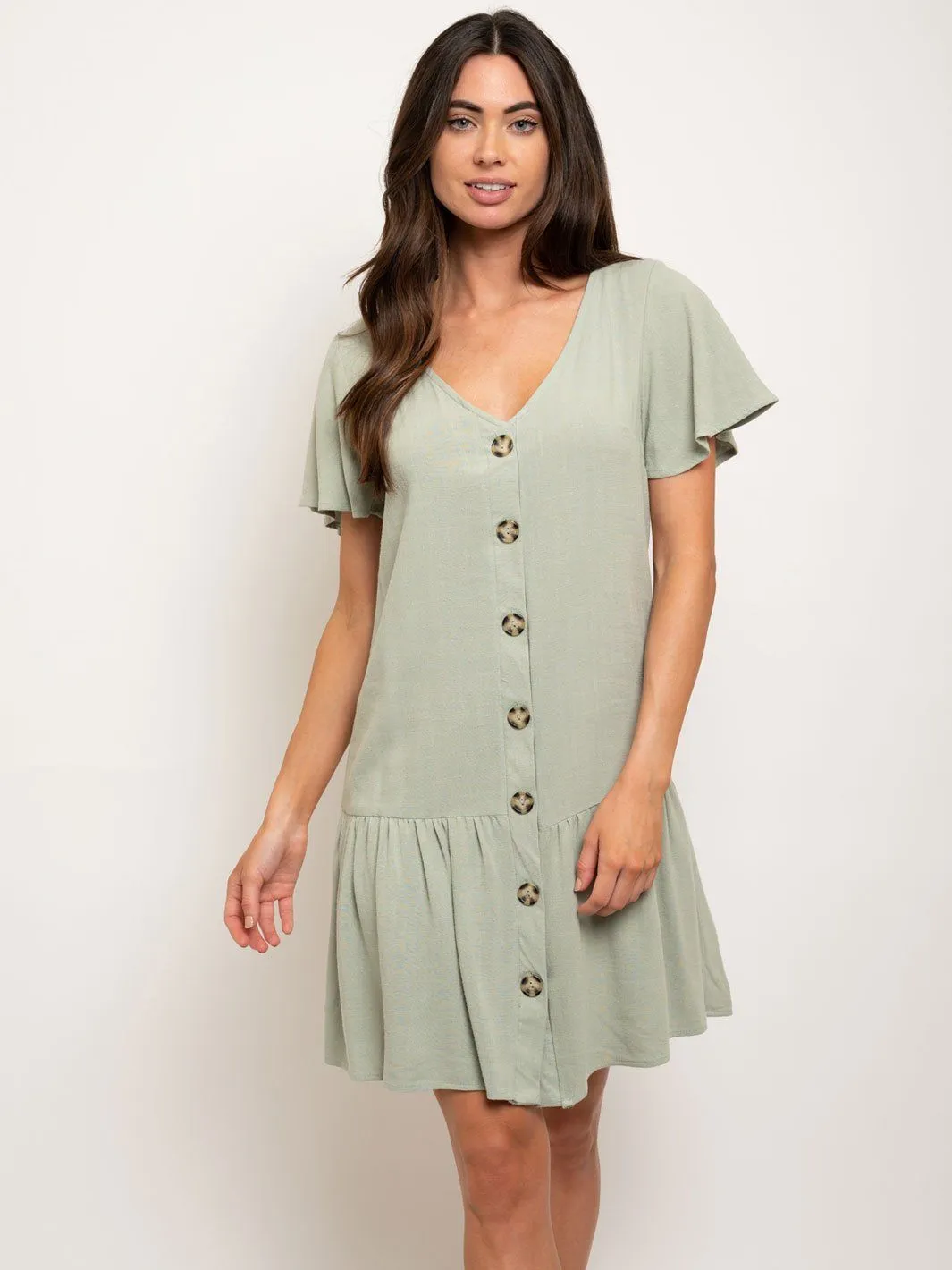 WOMEN'S SHORT SLEEVE BUTTON DOWN RUFFLE MINI DRESS