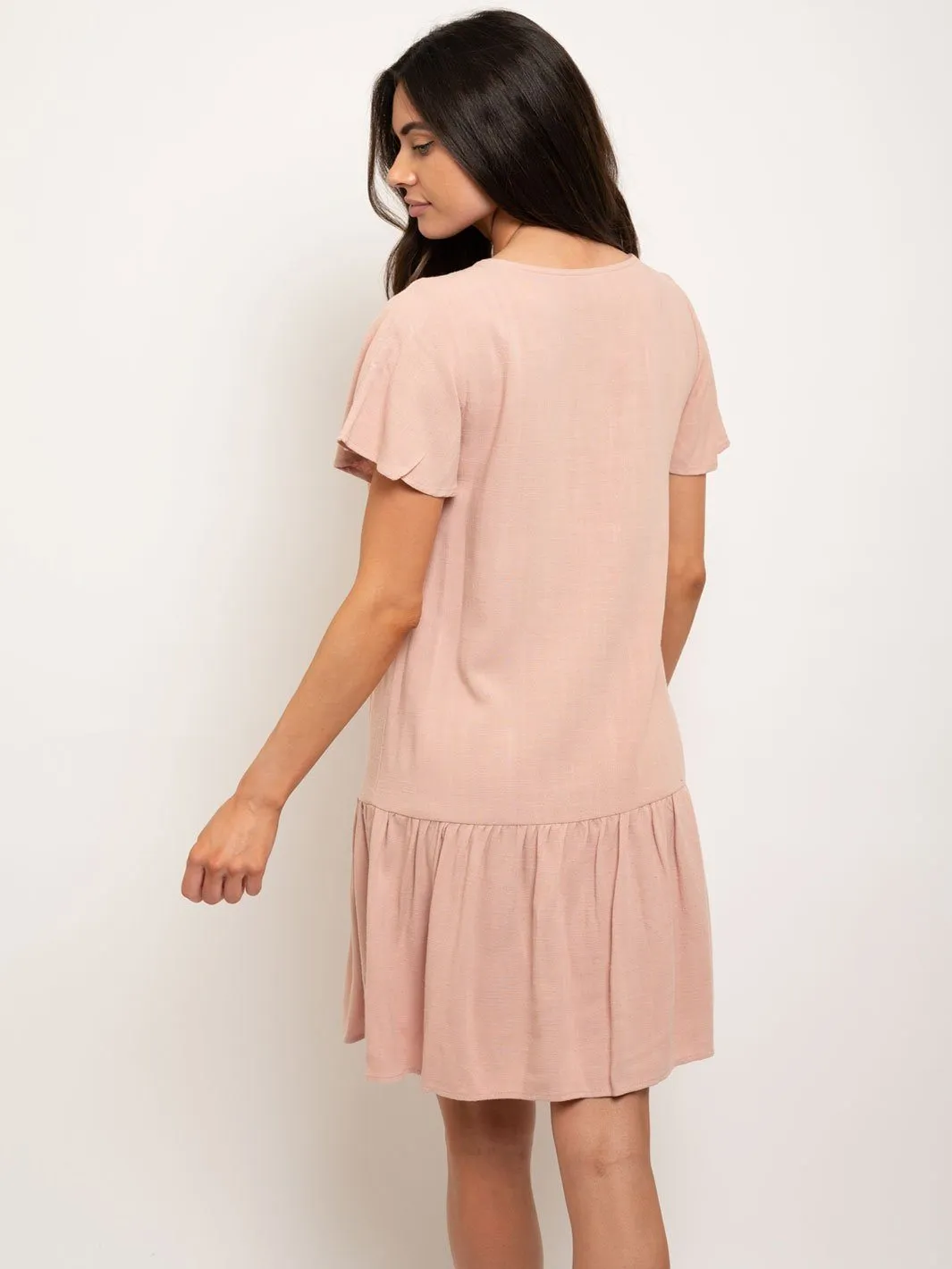 WOMEN'S SHORT SLEEVE BUTTON DOWN RUFFLE MINI DRESS