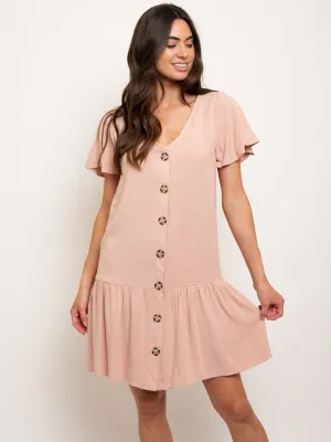 WOMEN'S SHORT SLEEVE BUTTON DOWN RUFFLE MINI DRESS