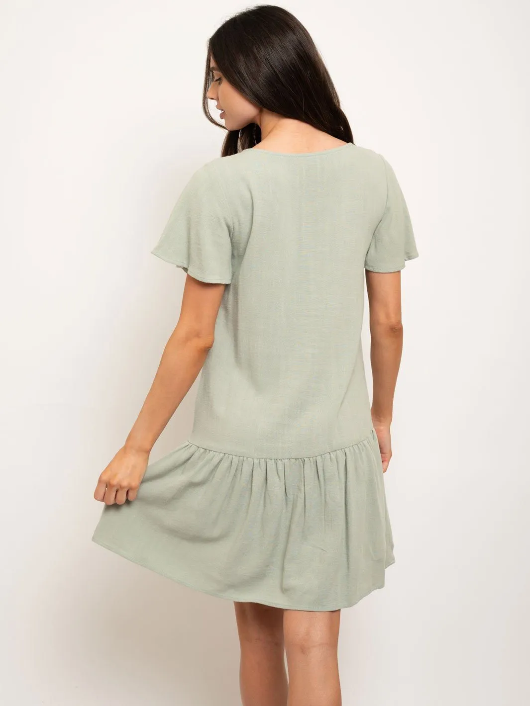 WOMEN'S SHORT SLEEVE BUTTON DOWN RUFFLE MINI DRESS