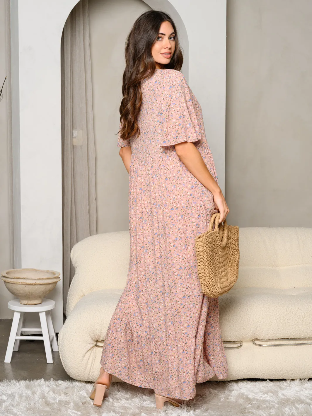 WOMEN'S SHORT SLEEVE SMOCK MAXI DRESS