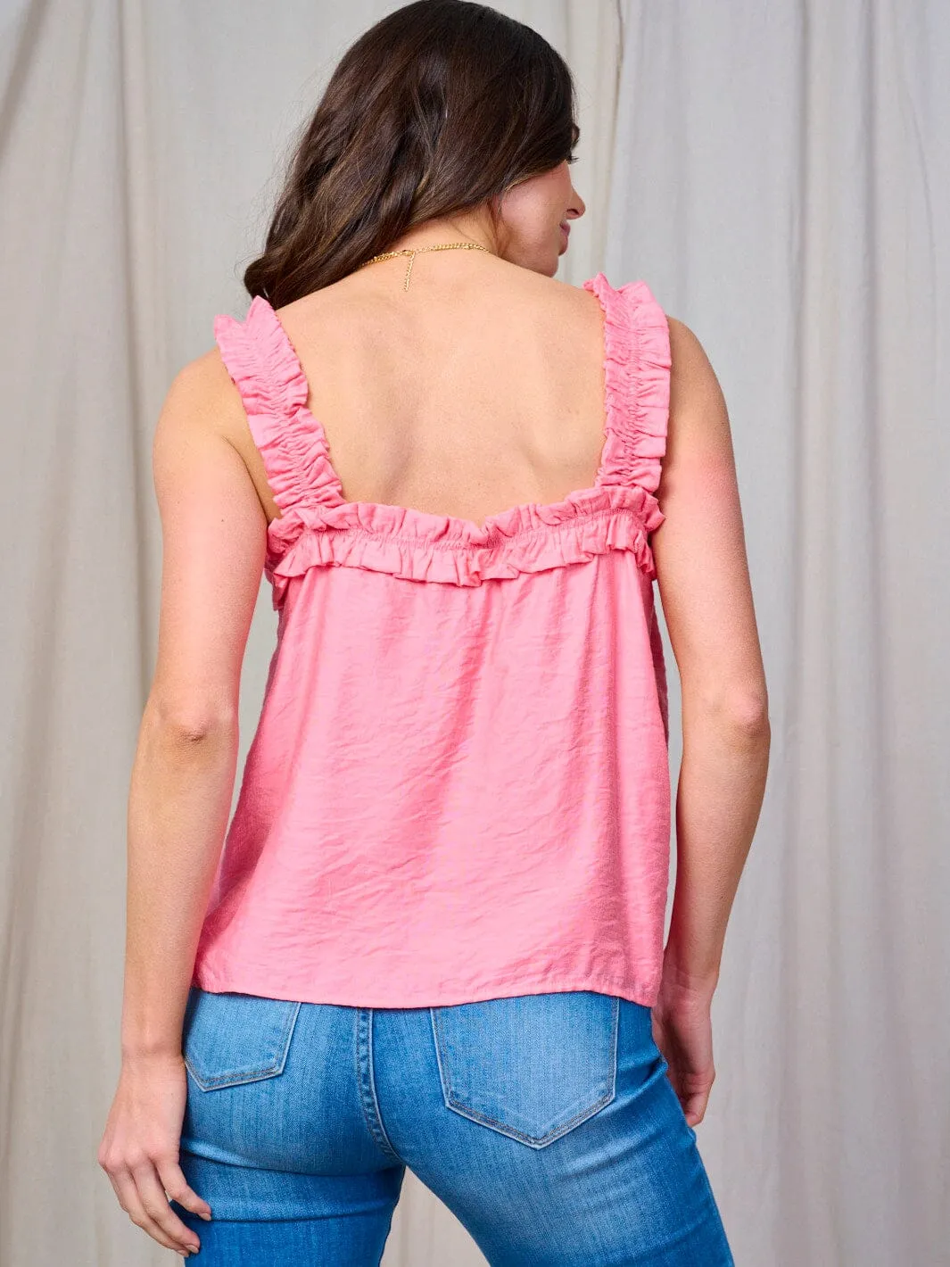 WOMEN'S SLEEVELESS RUFFLE ELSATIC TRIM TANK TOP