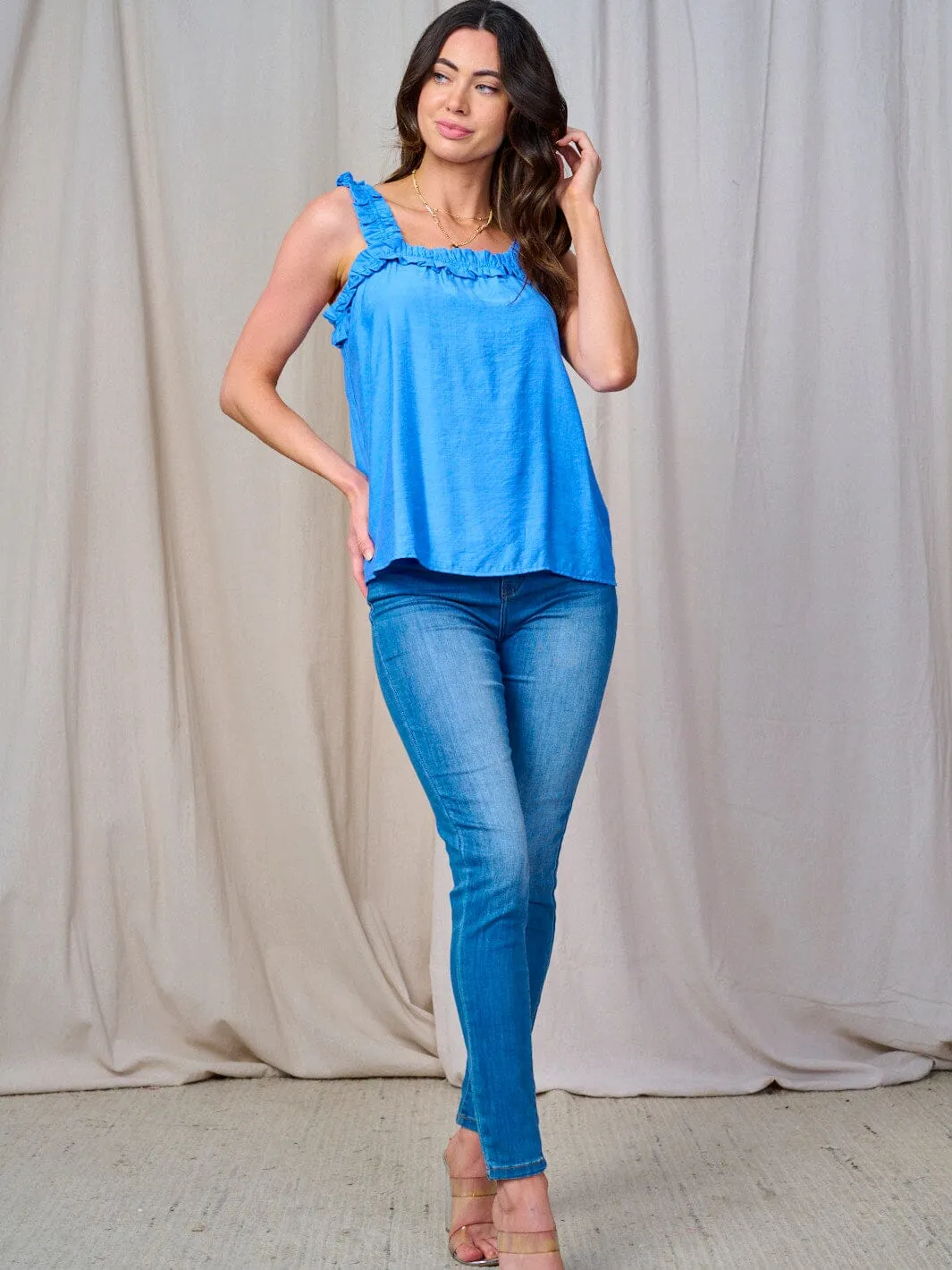 WOMEN'S SLEEVELESS RUFFLE ELSATIC TRIM TANK TOP