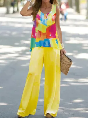 Women's Summer Vacation Unique Feather Print Chiffon Set