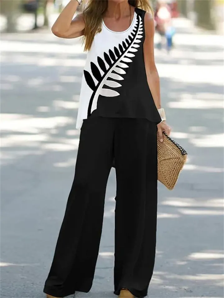 Women's Summer Vacation Unique Feather Print Chiffon Set